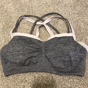 Gray and pink strappy sports bra